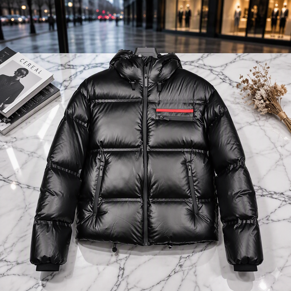 High-end designer brand men's smooth hooded down jacket, windproof outdoor jacket, OME customizable logo on the chest