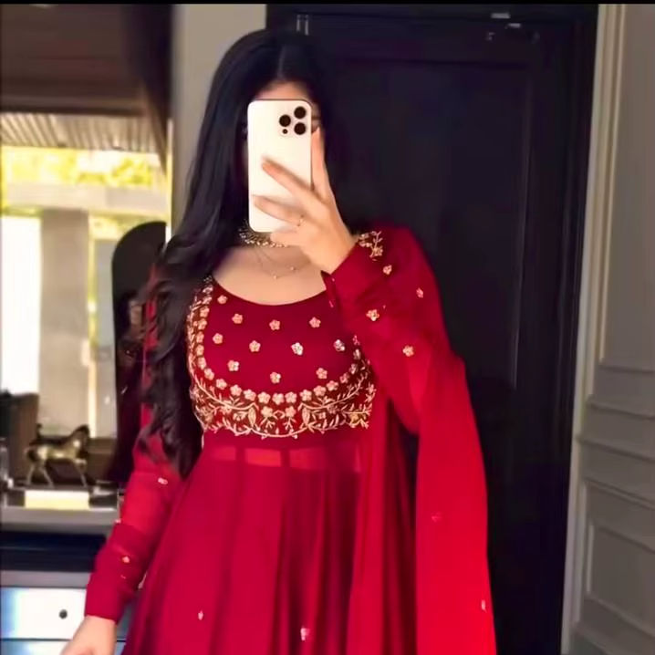 Red Faux Georgette Anarkali Gown Set Faux Georgette Thread & Sequence Work Anarkali Gown and Micro Cotton Pant With Dupatta