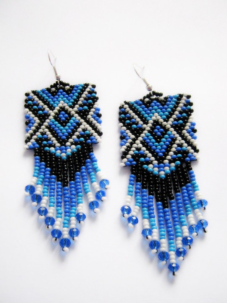 Beaded earrings, pendant earrings, chunky earrings, blue black white beaded earrings boho style earrings, ukraine handmade,original earrings