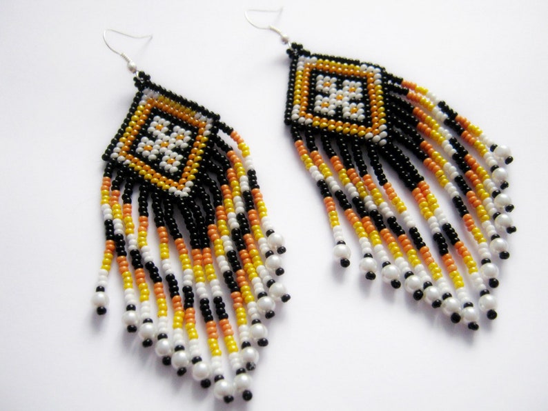 Beaded earrings, pendant earrings, chunky earrings, blue black white beaded earrings boho style earrings, ukraine handmade,original earrings