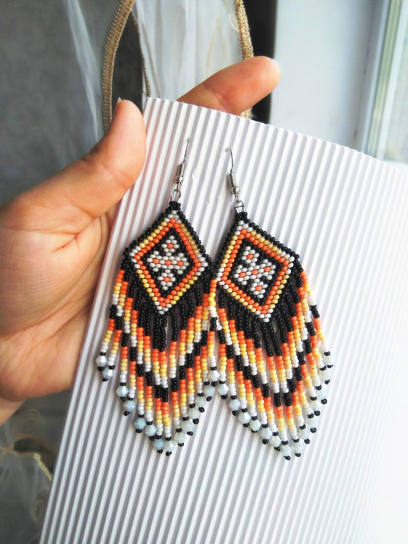 Beaded earrings, pendant earrings, chunky earrings, blue black white beaded earrings boho style earrings, ukraine handmade,original earrings