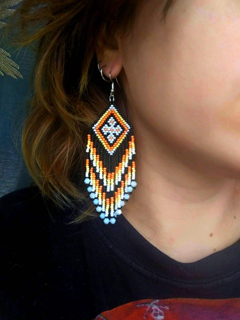 Beaded earrings, pendant earrings, chunky earrings, blue black white beaded earrings boho style earrings, ukraine handmade,original earrings