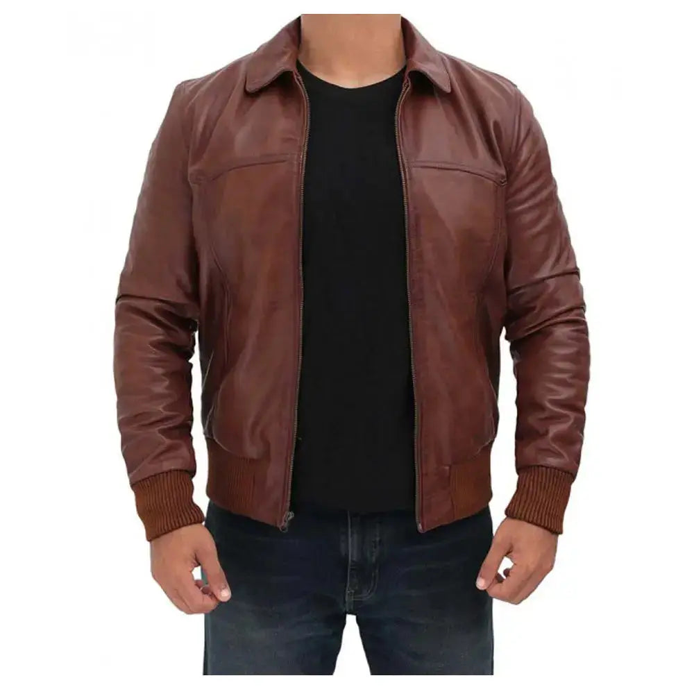 Mens Dark Brown Distressed Leather Bomber Jacket