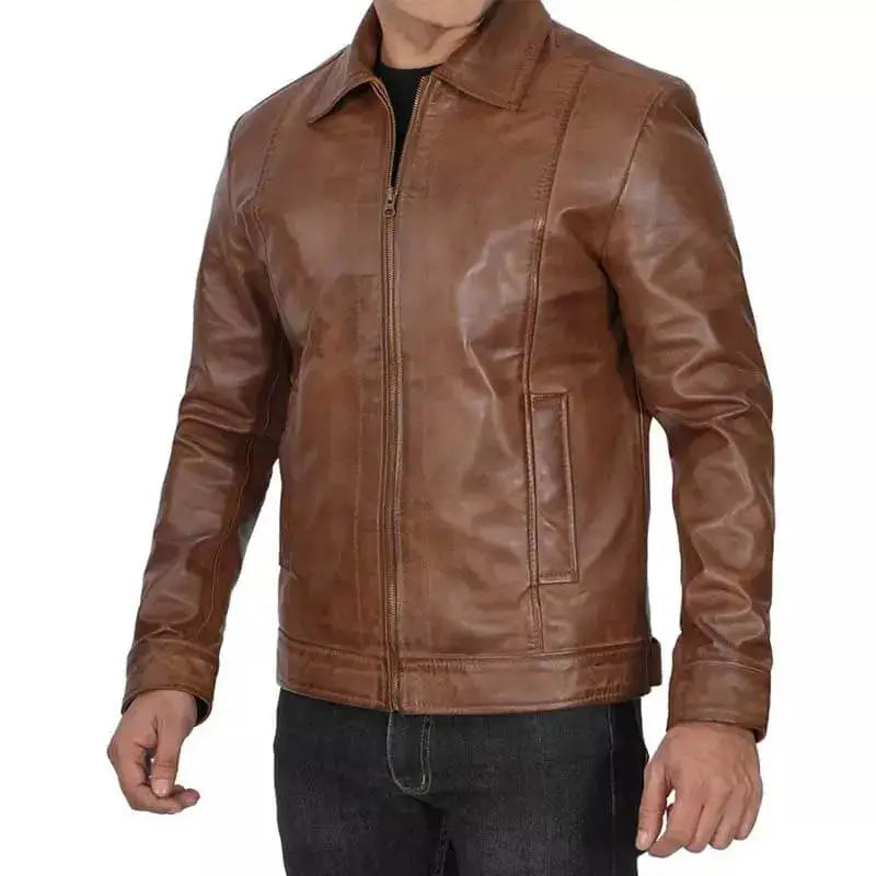 Men’s Distressed Brown Cafe Racer Jacket