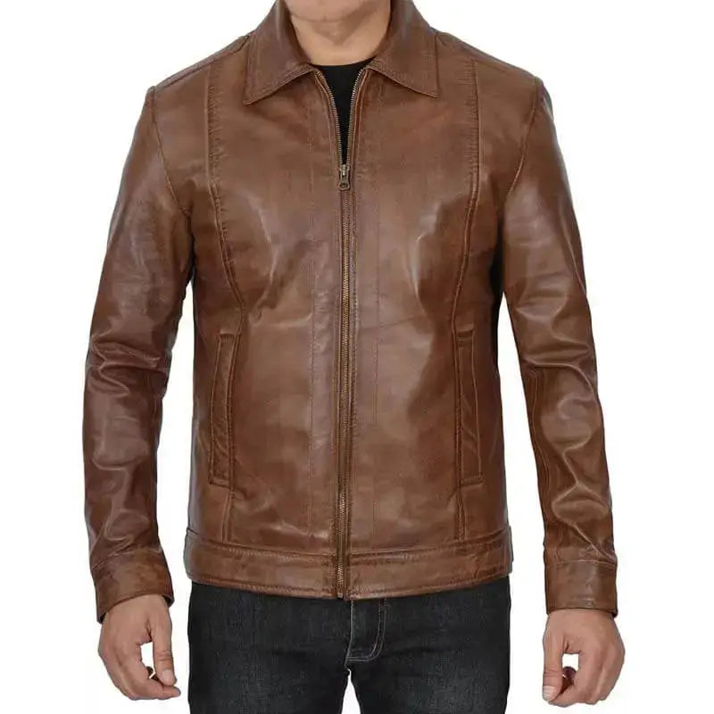 Men’s Distressed Brown Cafe Racer Jacket