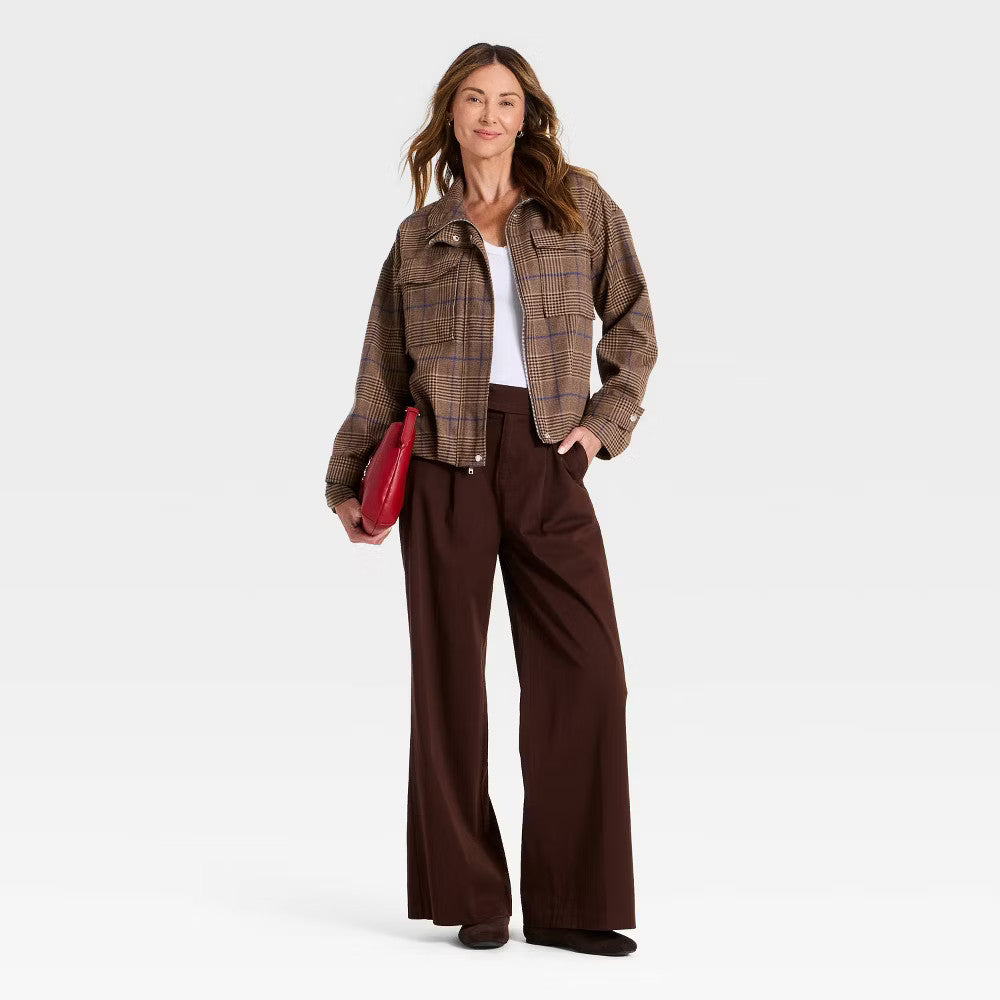 Women's Plaid Funnel Neck Field Jacket - A