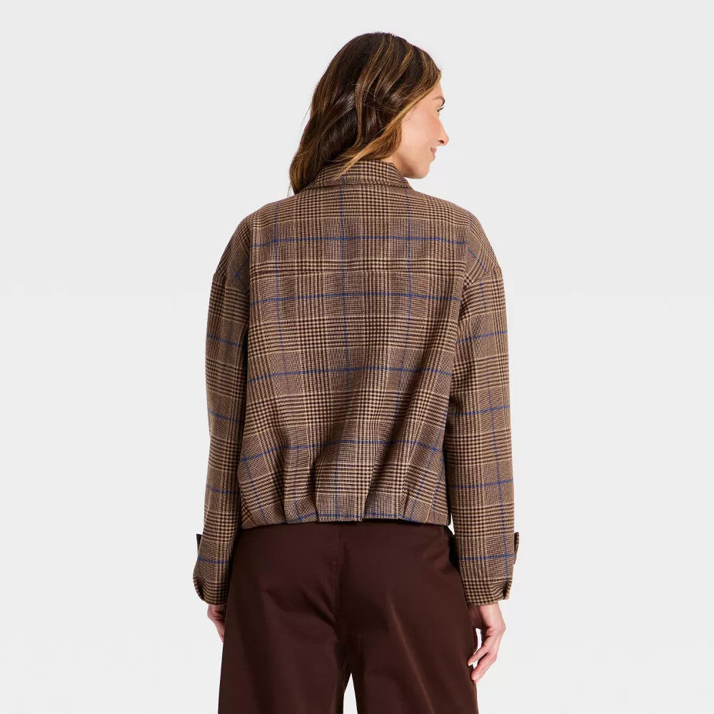 Women's Plaid Funnel Neck Field Jacket - A