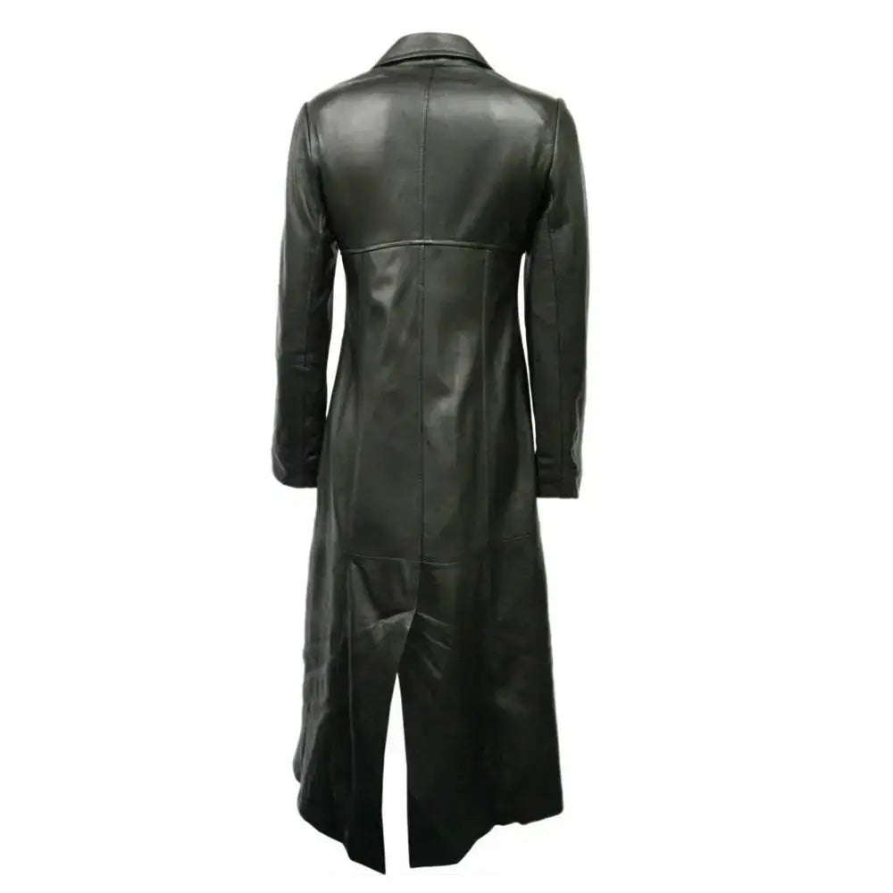 Women’s Genuine Black Leather Long Trench Overcoat