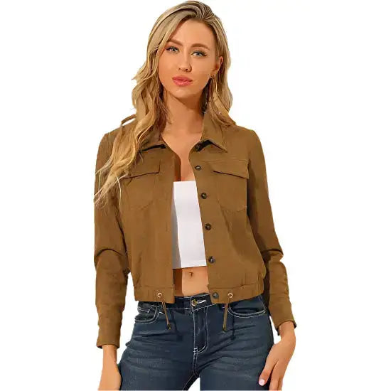 Women’s Brown Suede Point Collar Button-Down Cropped Moto Biker Jacket