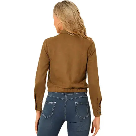 Women’s Brown Suede Point Collar Button-Down Cropped Moto Biker Jacket